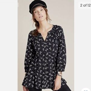 Anthropologie Maeve Winona Babydoll Tunic Top Black White Cotton Sz Xs
